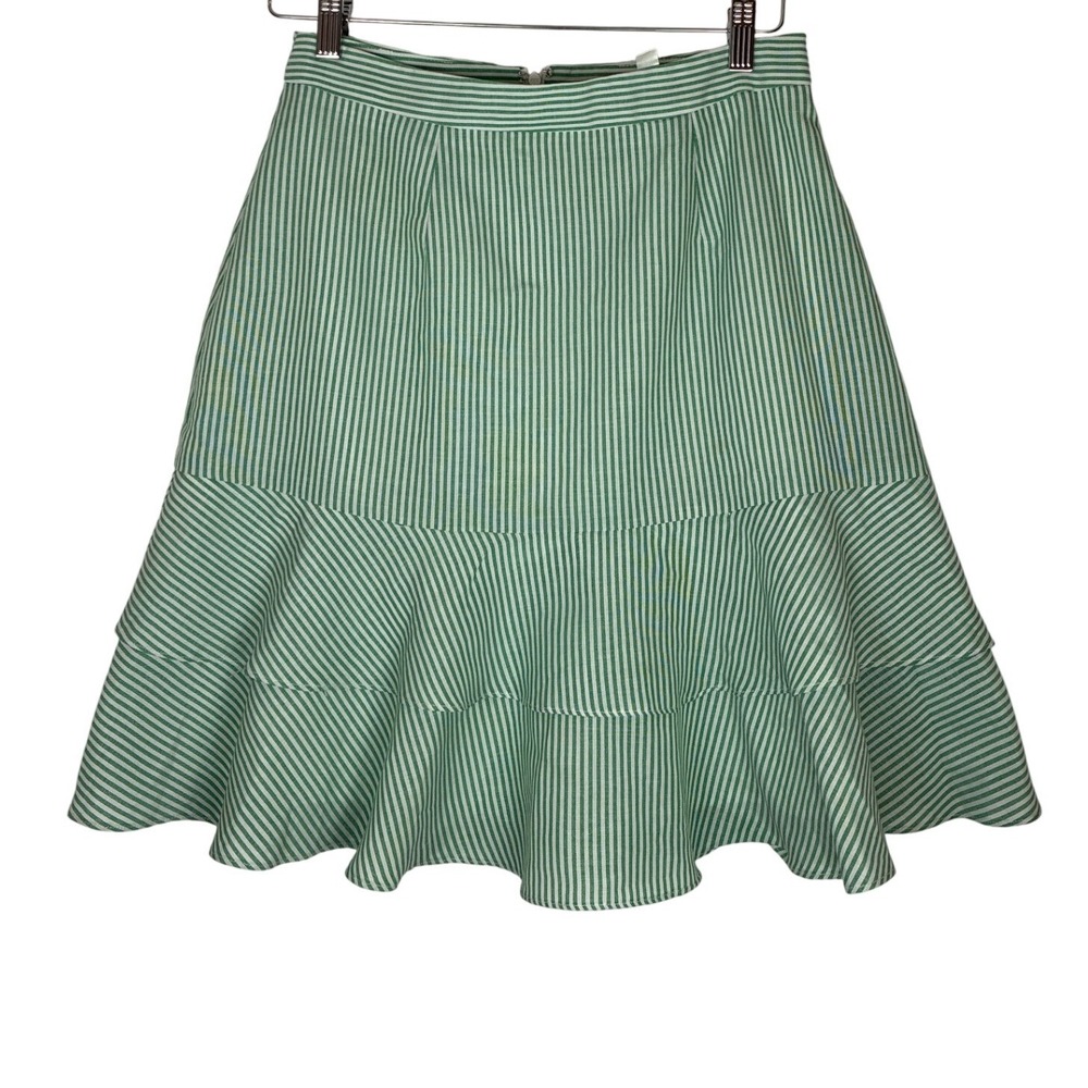 Anthropologie Hutch Mini Skirt Tiered Ruffle Preppy Green White Stripe Size 4